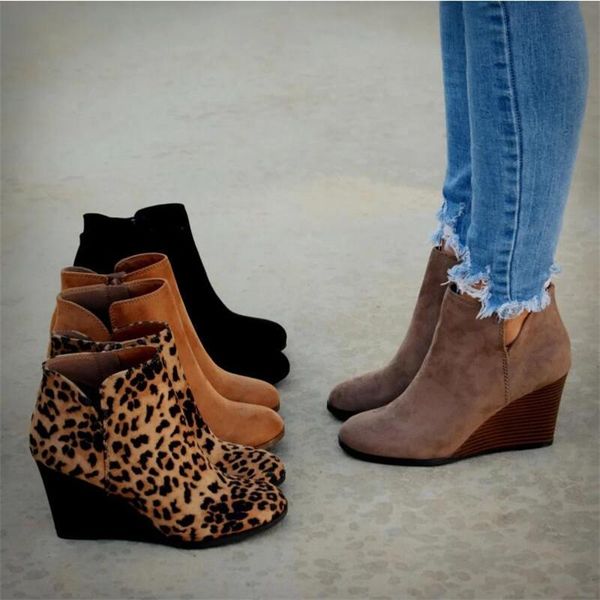 

boots pointed toe booties winter women leopard ankle lace up footwear platform high heels wedges shoes woman bota feminin, Black