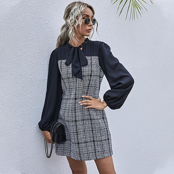 

casual dresses zoulv 2021 bow collar high waist full sleeve lady dress autumn winter slim plaid patchwork women, Black;gray