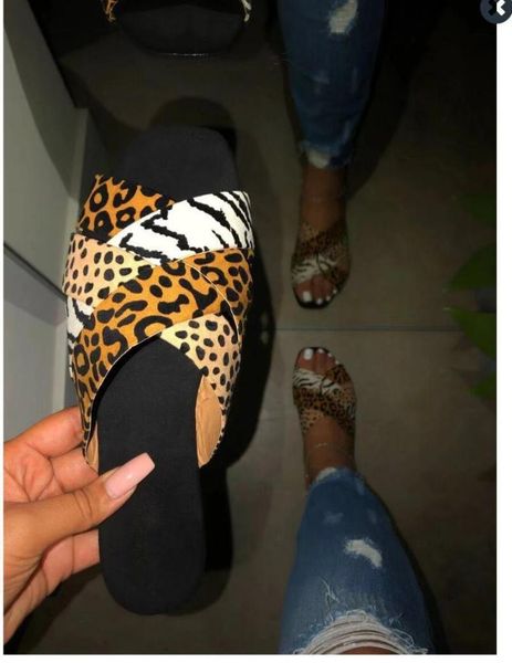 

slippers autumn spring summer home wild fashion women sandals female 2021 flat with flip flop leopard double layer cross, Black