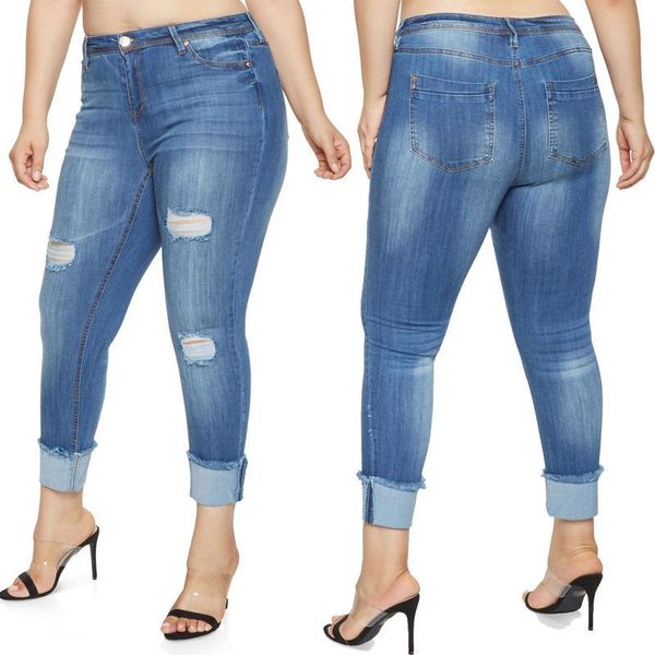

women's jeans 2xl-7xl 2021 spring pattern holes increase enlarge woman plus size, Blue