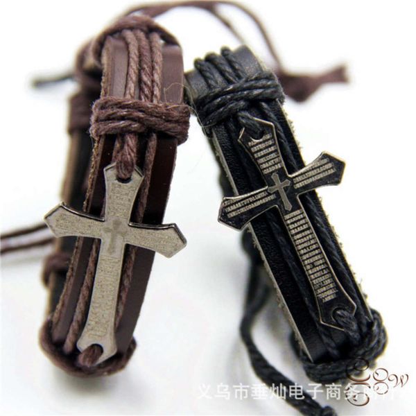 

accessories cow leather bracelet christian men's cross biblical woven jewelry, Black