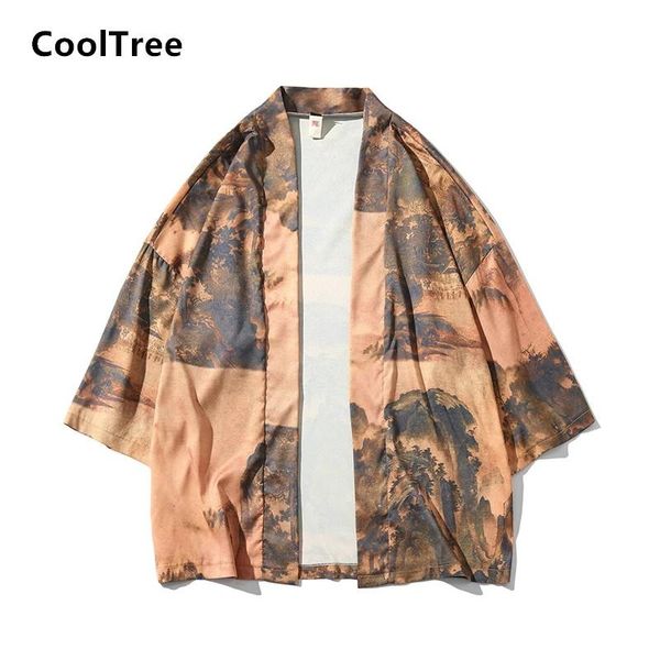 

men's jackets cooltree men japan style kimono summer printing thin light coats male loose casual cardigan outerwear streetwear, Black;brown