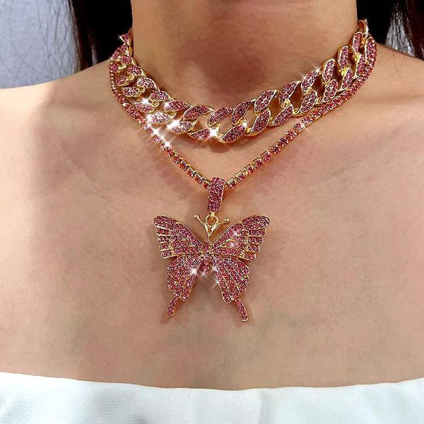 

chains 4colors cool street punk cuban double layer big butterfly pendant necklace full rhinestone choker thick chain, Silver