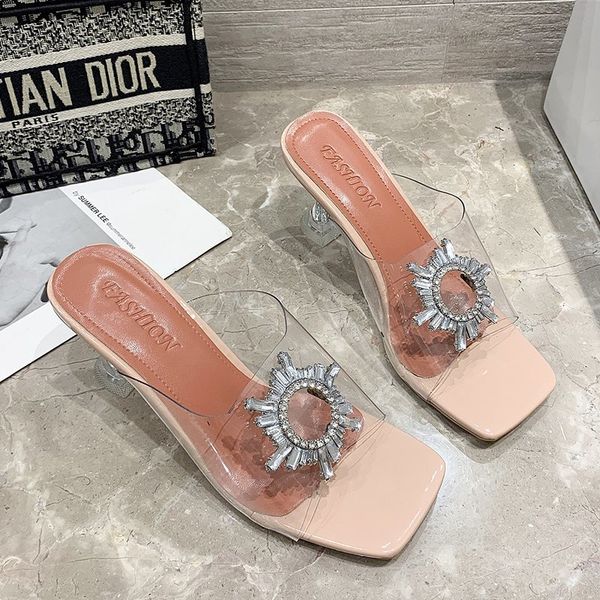 

Summer High Heels Woman Sandals Clear Crystal Shoes Transparent Ladies Sexy Square Toe Beach Beach Slippers Zapatillas Mujer, Beige
