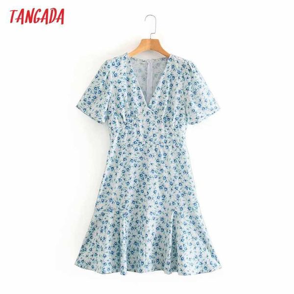 

tangada summer women blue flowers print french style dress short sleeve ladies sundress xn347 210609, Black;gray