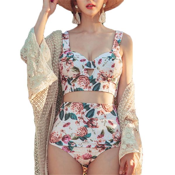 

women's swimwear high waist bikini 2021 women set bandage push-up padded floral print swimsuit for brazilian bathing suit, White;black
