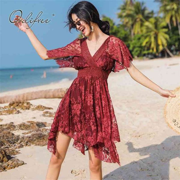 

summer elegant women lace party dress short sleeve burgundy tunic beach 210513, Black;gray