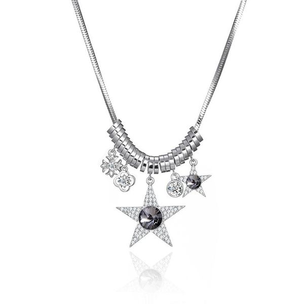 

pendant necklaces fashion double star flower crystal necklace multi-elemet silvery statement ladies maxi jewelry, Silver