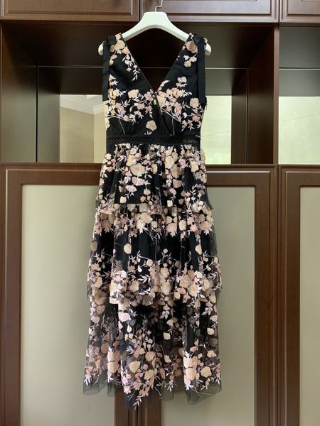 

a line v neck elegant runway long dress summer women sleeveless black mesh floral embroidery party ruffles, White;black