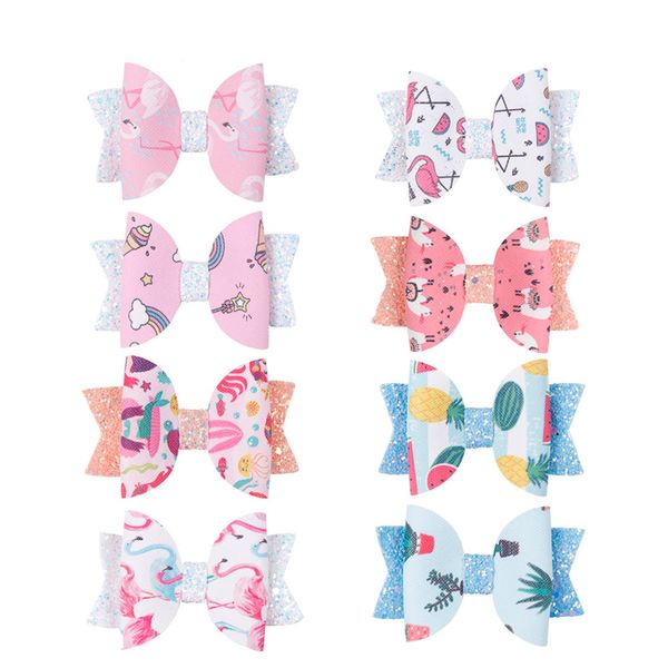 

2021 new glitter leather hair bows lovely cartoon print hair clips for princess girls handmade hairgrips hair accessories, Slivery;white