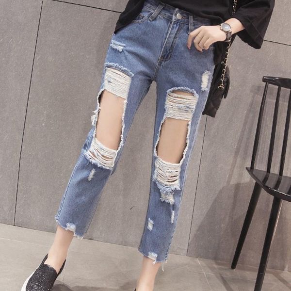 

ripped jeans boyfriend loose pants femme woman 7js011 women's, Blue
