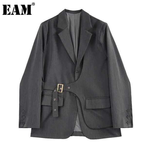 

[eam] women gray big size pocket sashes blazer lapel long sleeve loose fit jacket fashion spring autumn 1dd7863 210512, White;black