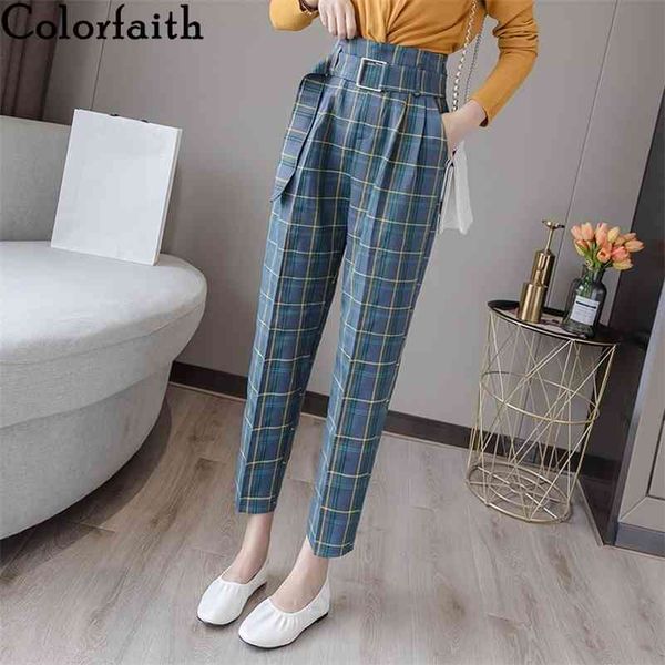

autumn winter women pants high waist sashes pockets plaid wide leg lady checkered ankle-length trousers p7211 210416, Black;white