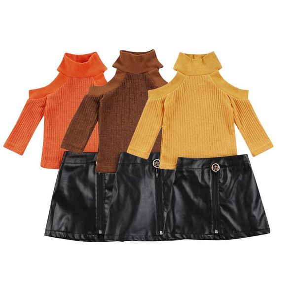 

clothing sets 1-5 years infant girls casual outfits cold-shoulder ribbed long sleeve round neck pullover leather skirts spring fall set, White