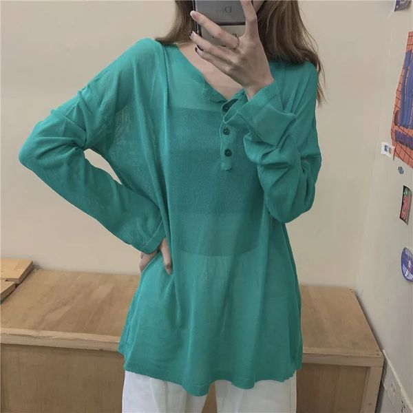 

women's t-shirt loose o-neck single-breasted thin pullovers female sunscreen shirt summer long sleeve solid knitwear fashion, White