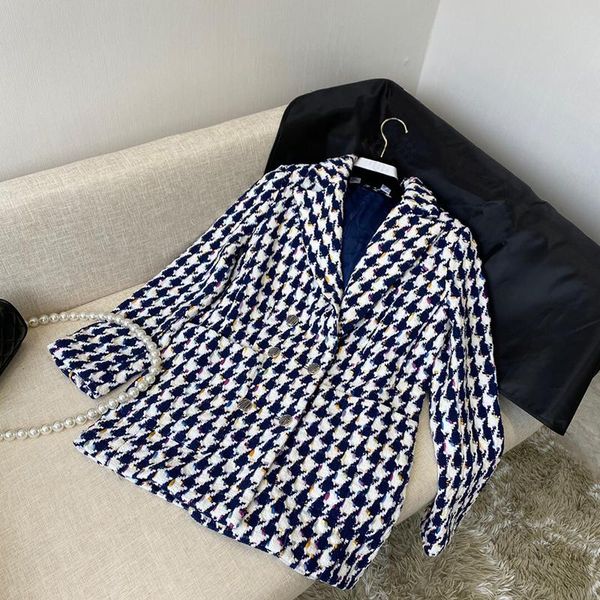 

women's jackets vintage houndstooth plaid mid-long coats for women turn-down collar long sleeve outerwear lady 2021 spring, Black;brown