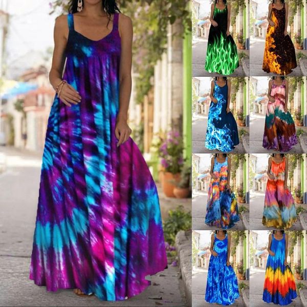 

casual dresses summer sleeveless spaghetti strap long dress fashion tie dye gradient boho printed maxi women beach vestidos, Black;gray