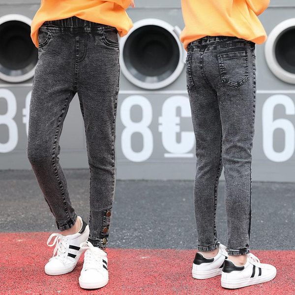 

girl denim pants baby spring skinny jeans legging cotton elastic for children solid casual trousers with button, Blue