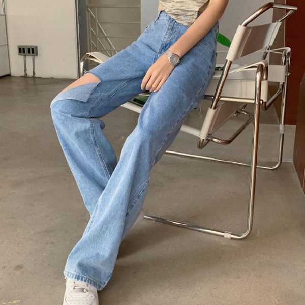 

women's jeans women street style casual loose straight denim pants classic high waist ripped hole female washed blue jean trousers