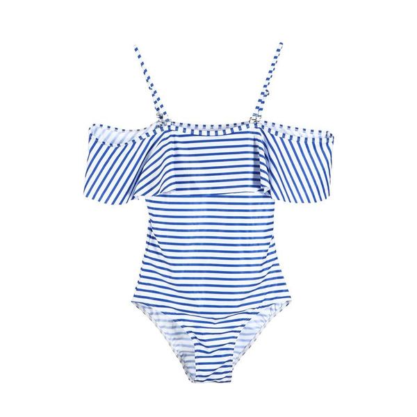 

one-piece suits women white & blue bikini 2021 summer ruffles bandage push-up padded bikinis one piece swimsuit off-shoulder swimwear bather