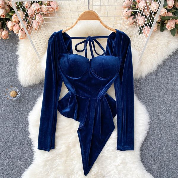 

ins fashion women velvet shirt 2022 new autumn square collar long sleeve padded slim high waist lace-up irregular ladies, White