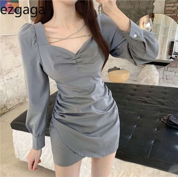 

ezgaga bodycon dress women v-neck backless chain puff sleeve ladies elegant clubwear solid bandage dress fashion vestidos 210430, Black;gray