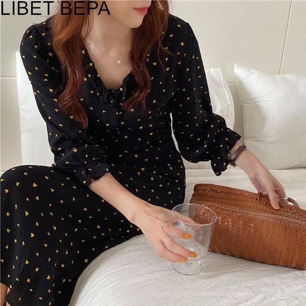 

women autumn winter dresses v-neck three quarter korean style floral high waist vintage lady oversize long dress dr9053 casual, Black;gray