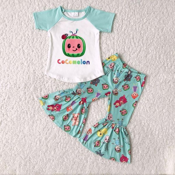 

sell toddler kids short sleeve clothes girl cute cartoon shirt bell pants 2pieces set children fashion spring fall outfit, White