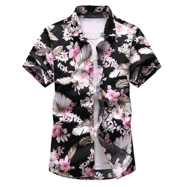 Плюс размер 7xL летние цветочные печатные мужчины гавайские каникулы вечеринка тонкие черные рубашки хип-хоп мужской с коротким рукавом повседневная рубашка 210809