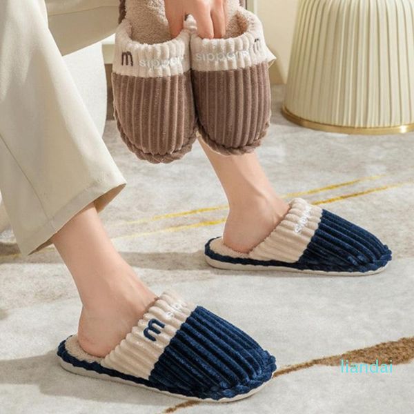 

slippers bedroom cotton simple women winter stripe warm plush shoes ladies house slides couples flip flops zapatilla mujer, Black