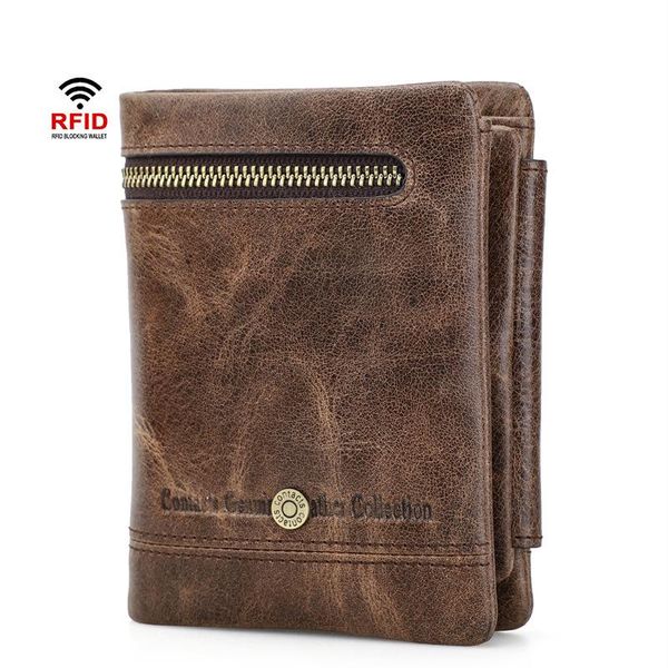 

wallets vintage men's wallet rfid anti-theft brush purses coin pocket tri-fold genuine leather multifunctional clutch bags, Red;black