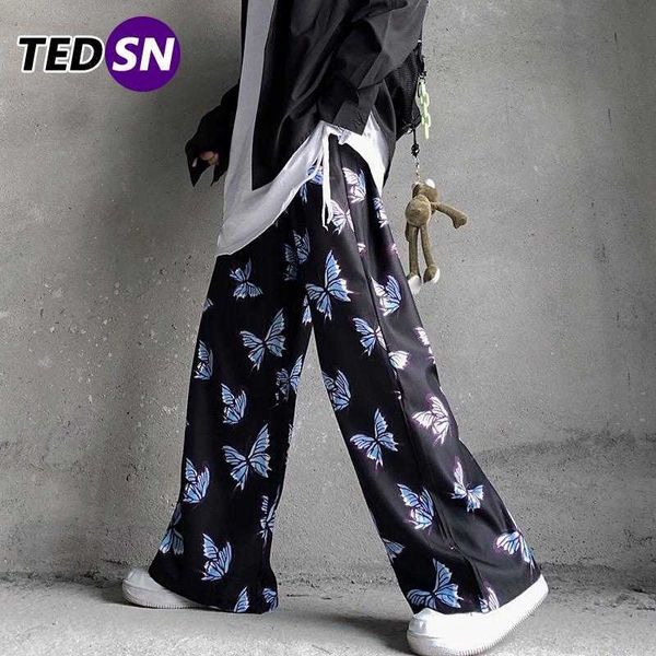

2021 hip hop streetwear harem women's wide leg pants male casual butterfly print sweatpants harajuku jogging men's trousers h0831, Black