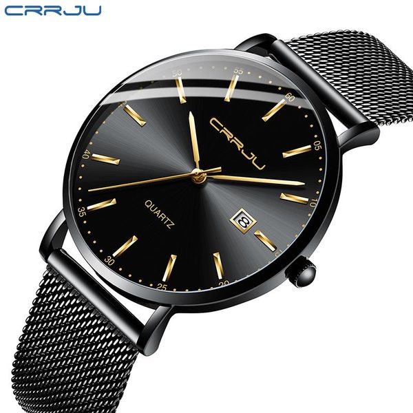 

wristwatches crrju mens watches waterproof ultra thin date clock male steel strap casual quartz watch men sports wrist, Slivery;brown