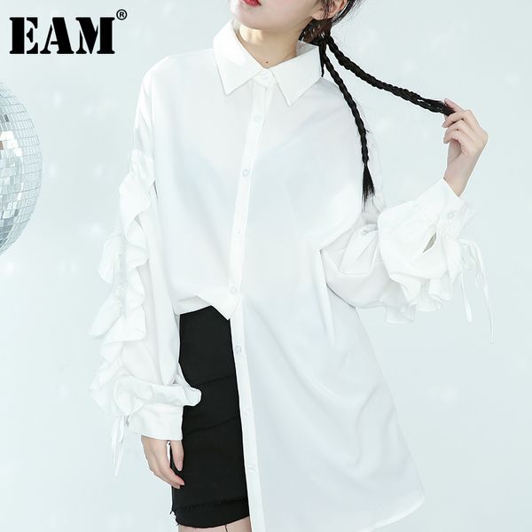 

[eam] women big size drawstring ruffles blouse lapel long puff sleeve loose fit shirt fashion spring autumn 1dd38630 21512, White