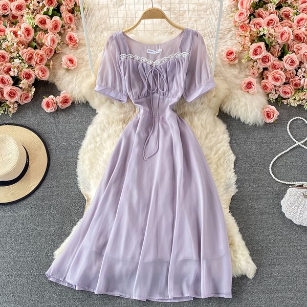 

women purple lace chiffon midi dress summer square collar short sleeve high waist slim casual vestidos female 2021 fashion, Black;gray
