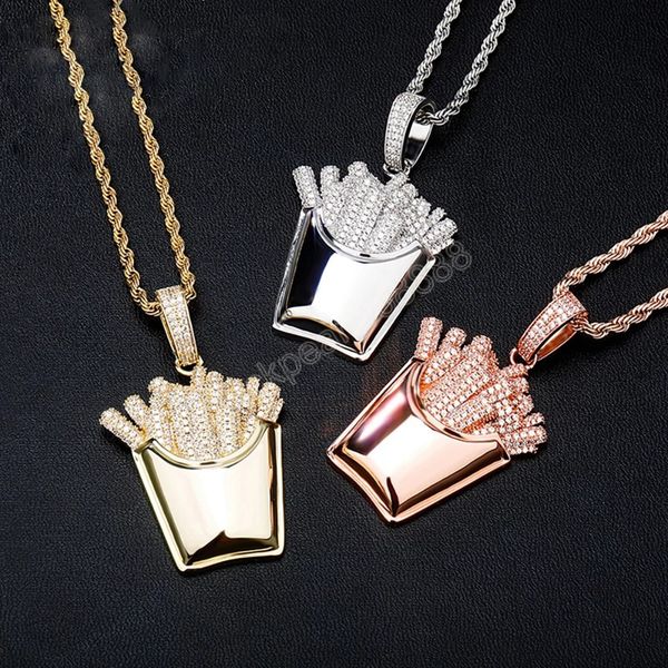 

iced out french fries shape pendants full micro pave in yellow gold aaa cz pendant necklace hip hop jewelry gift, Silver