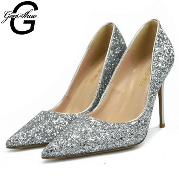 

dress shoes genshuo high heels woman sequined party wedding shllow stiletto pumps pointed toe plus size gold silver, Black