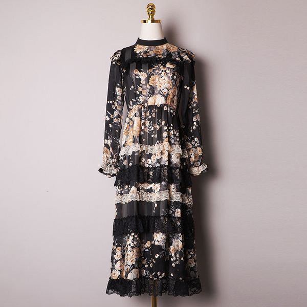 

casual dresses spring summer long sleeve round neck black floral print lace panelled mid-calf dress elegant xm151316 gvoy, Black;gray