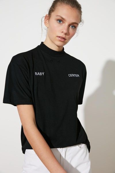 

trendyol embroideried and bird eye detailed upright collar knitted t-shirt twoss21ts1664 women's, White