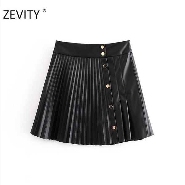 

zevity women vintage high waist pu leather pleated mini skirt faldas mujer ladies front buttons casual brand chic skirts qun689 210412, Black