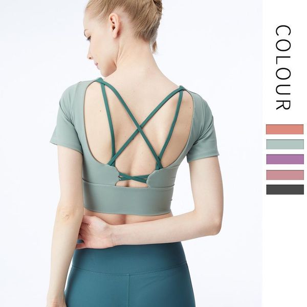 

yoga outfits with chest pad, beautiful back, short-sleeved t-shirt, female wear, sports women fitness running, White;red