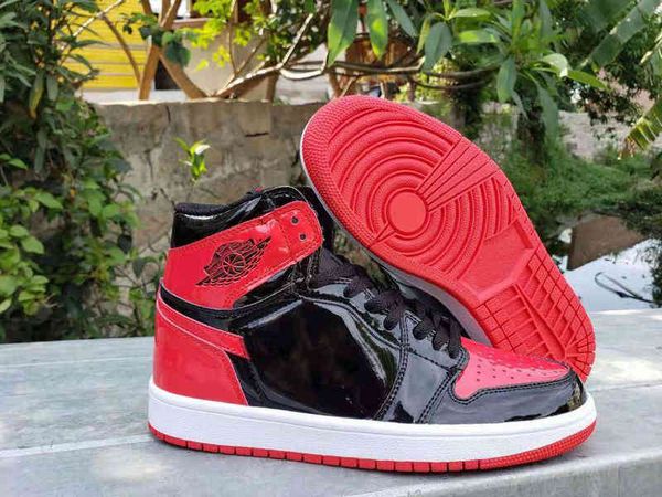 

1 bred patent basketball shoes men black white varsity red 1s sneakers