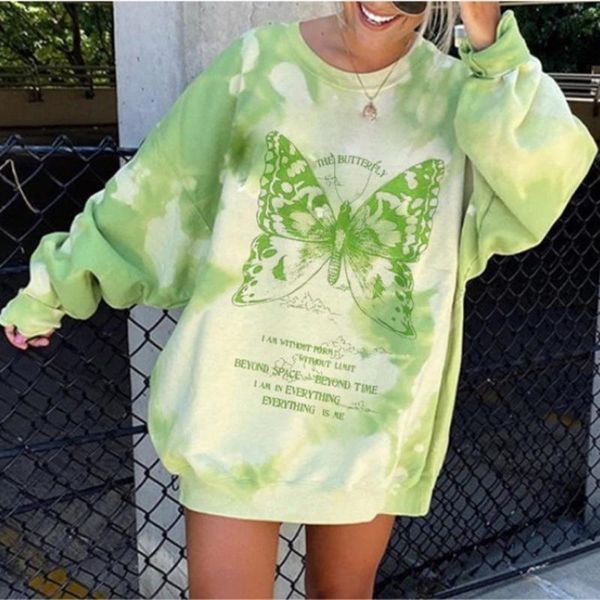 

women's hoodies & sweatshirts green tie-dye butterfly casual sweatshirt women girls autumn loose long sleeve pullovers streetwear femal, Black