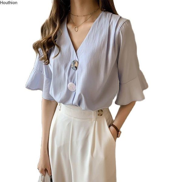 

women's blouses & shirts houthion chiffon the comfortable fashion v-neck loose short sleeve western style shirt, White