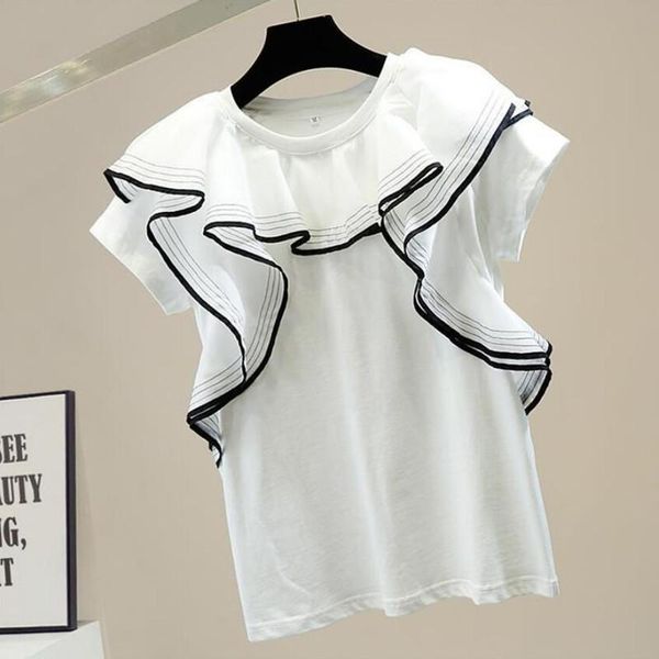 

summer cotton fashion sweet three-dimensional ruffled patchwork short-sleeved t-shirt female plus size s1000 women's, White