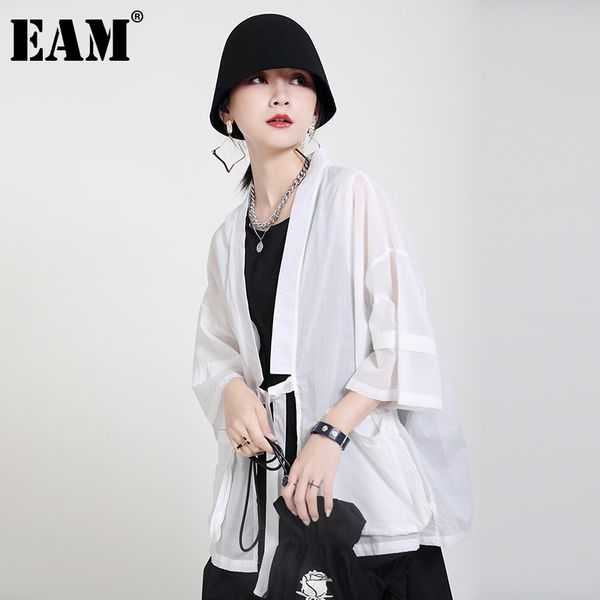 

[eam] loosewhite bandage big size thin jacket v-collar three-quarter sleeve women coat fashion spring summer 1dd8676 21512, Black;brown