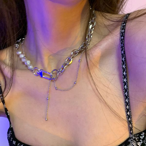 

titanium steel natural pearl necklace ins hip-hop stitching clavicle chain female summer design sense pendant necklaces, Silver