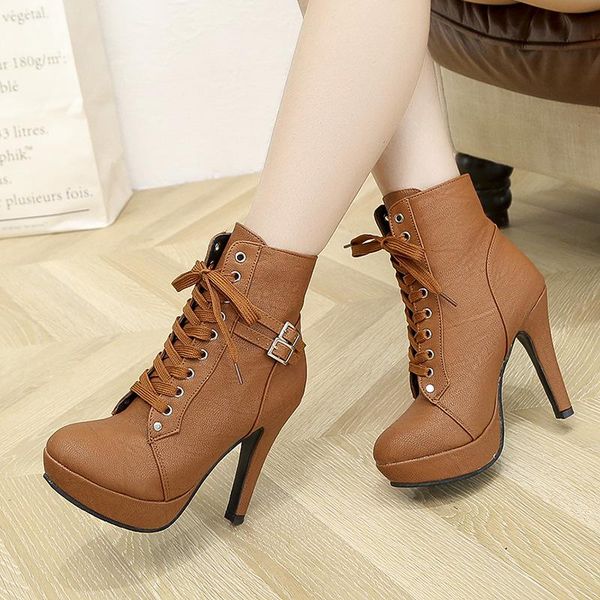

boots comemore plus size ankle women platform high heels female lace up women's shoes buckle woman short boot ladies footwear, Black