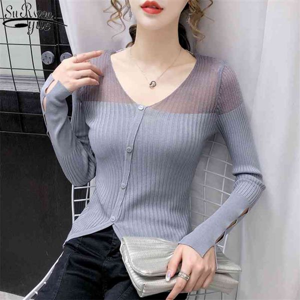 

v-neck korean sweater autumn wool long sleeve women office lady hollow sunscreen slim cardigans10601 210510, White