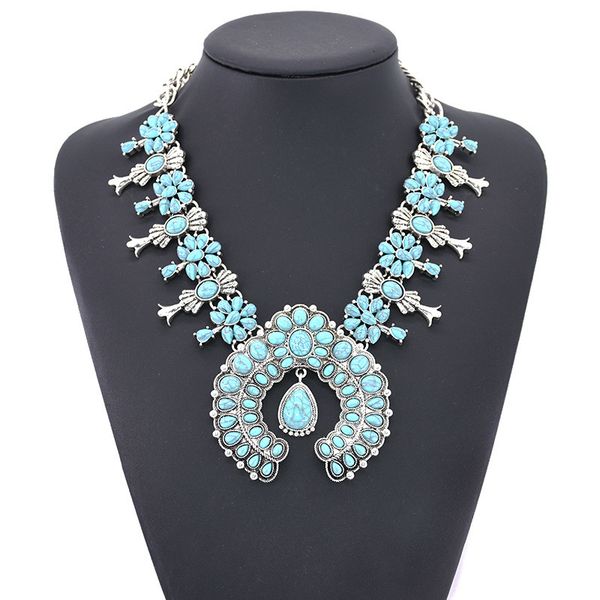

necklac fashion bohemian turquoise flower pendant alloy necklace, Silver